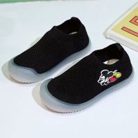小童中童鞋2021新款飞织透气网面一脚蹬轻便卡通米老鼠男童女童鞋 黑色 22 内长14.5cm