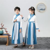 蓝色如意拼色直袖款 100 汉服男童国学服中国风古装书童服装三字经弟子规儿童演出服秋冬款