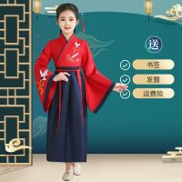 红色广袖女+发簪书签+ 110cm 儿童古装汉服国学开笔礼演出服三字经书童男女诗词朗诵合唱表演服