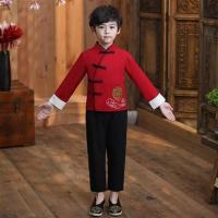男童海棠红-上衣+裤子 110cm 儿童古装汉服男童中国风国学服女童三字经演出服民国风书童服装男