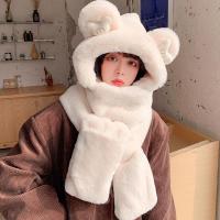 升级字母款米白色 小熊围巾手套软萌连帽围脖女帽子三件套一体冬季骑车加厚防风保暖