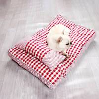 深红格子 S(65*45*8)CM 宠物垫子大中小型犬猫狗垫子棉麻沙发床可拆洗不粘毛金毛泰迪狗窝