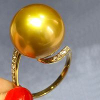 南洋金珠12mm_ 南洋金珠戒指天然浓金黄色海水珍珠戒指极强光无暇正圆送生日礼物