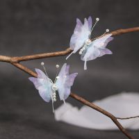 浅蓝(无流苏)一对SXP1020 汉服头饰立体薄纱蝴蝶珍珠流苏仙女精灵古装发饰仙气古风发夹