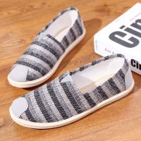 2906灰条 38 春季亚麻帆布男鞋一脚蹬百搭懒人潮鞋透气休闲豆豆鞋男老北京布鞋