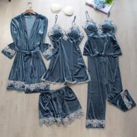 2055灰花边金丝绒五件套蓝灰 M 春秋女性感吊带睡裙睡袍五件套中长款蕾丝诱惑短裙秋冬金丝绒睡衣