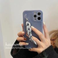 ★灰蓝底+琥珀链条 苹果SE(2020) 韩国ins琥珀链条苹果13promax手机壳iPhone11/12腕带xr/x