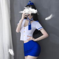 蓝白色空姐制服[含上衣+短裙+帽子+领带] 均码 情趣内衣套装挑逗性感空姐制服诱惑大码睡衣男激情火辣衣服装女