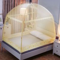 普通款 米黄[加高加密] 0.9m床[学生上下铺单门] 加密蒙古包蚊帐家用三开门支架加高儿童防摔1.5米双人1.8米床0