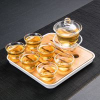 盖碗玉兰杯7头+茶盘 日式加厚耐热玻璃茶杯茶具套装家用泡茶小杯花茶壶茶海分茶器套装