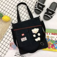 带盖口袋款 黑+腮红小熊 包包女2022原宿风斜挎帆布包女学生韩版单肩ins手提百搭简约布袋