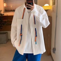 白色(送织带) M 秋季个性彩色编织带设计感潮牌休闲衬衣男潮流宽松上衣长袖白衬衫