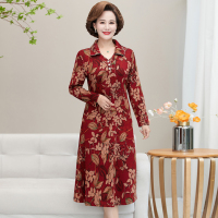 红色 XL建议90-105斤 妈妈秋装长袖连衣裙洋气质高贵中长款裙子中老年人春秋装女40岁50