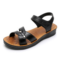 221+2黑色 36 偏小一码 夏季中老年女凉鞋平底妈妈鞋防滑老人皮凉鞋女士平跟休闲妈妈凉鞋