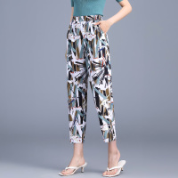 彩绘印花 L 妈妈花裤子夏季薄款松紧腰哈伦裤休闲九分裤冰丝萝卜裤中老年女裤