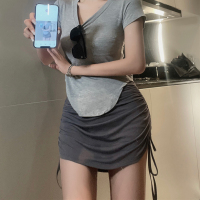 蓝灰色 L 抽绳短裙女夏季不规则包臀裙绑带性感A字裙高腰辣妹裙裤半身裙潮