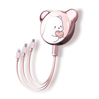 捧心小熊数据线-粉 卡通车载数据线三合一抽拉伸缩车内车用可爱一拖三汽车手机充电线
