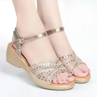 金色 35 女士凉鞋妈妈凉鞋女网纱平底坡跟软底防滑休闲透气镂空中老年凉鞋