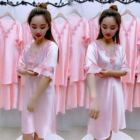 粉红色 L体重[90-110] 清凉性感睡衣女夏冰丝蕾丝短袖宽松可爱真丝睡裙大码家居服裙子女