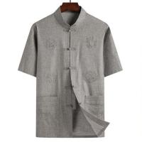 [亚麻短袖单件]深灰 39/165建议110斤以下 夏季唐装男士短袖亚麻套装中老年汉服爸爸爷爷老人男装中国风衣服