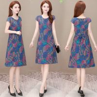 1885款蓝色格子 XL 建议95-115斤 中老年人夏装女棉绸连衣裙胖妈妈装宽松大码遮肚显瘦洋气中长裙子