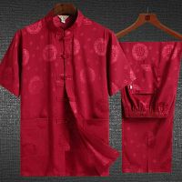 大红色福字套装 39建议90-115斤 男士夏季短袖仿真丝衣服套装唐装男中老年爸爸爷爷中国风短袖套装