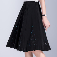 浅蓝烫钻 XL 妈妈半身裙女夏中老年人裙子薄款高腰烫钻中长款半截裙冰丝百褶裙