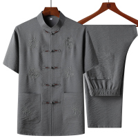 WML深灰色吉祥如意[短袖套装] 39/165[建议90-115斤穿] 短袖爸爸套装中老年唐装夏季中国风男士爷爷棉麻长袖