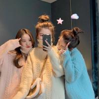 拉夏贝尔旗下LA CHAPELLE HOMME秋冬宽松外穿麻花蓝色套头高领毛衣外套女