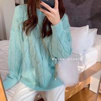 [D清仓福利 买2送1]软奶蓝色复古麻花套头毛衣女2020年新秋冬宽松外穿慵懒