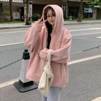 [超买]拉夏贝尔旗下 LA CHAPELLE HOMME 减龄粉色加绒加厚卫衣女韩版宽松连帽休闲外套