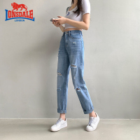 LONSDALE钉珠破洞牛仔裤女宽松九分22年新款夏季薄款萝卜老爹直筒