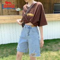 龙狮戴尔牛仔裤女夏2022年新款高腰显瘦直筒宽松阔腿破洞5分中裤