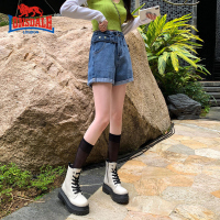 龙狮戴尔高腰宽松阔腿牛仔短裤女2022夏季新款网红a字P标排扣裤子