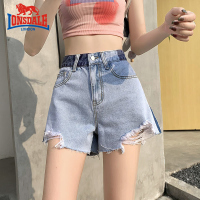 龙狮戴尔2022夏新款撞色a字热裤宽松高腰显瘦设计感百搭辣妹毛边