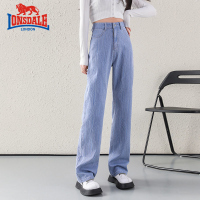 龙狮戴尔提花暗纹阔腿显高宽松高腰直筒浅蓝色牛仔裤女垂感拖地裤