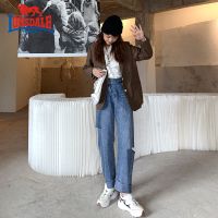 龙狮戴尔破洞牛仔裤女新款直筒不规则设计感宽松阔腿萝卜老爹裤