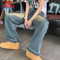 龙狮戴尔夏美式复古水洗做旧牛仔裤女新款宽松显瘦高腰直筒拖地裤