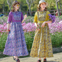 实拍2022年春新款大码文艺棉绸中袖连衣裙拉链修身收腰气质长裙女