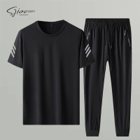圣吉奥男士夏季运动套装弹力冰丝休闲裤圆领速干短袖T恤两件套