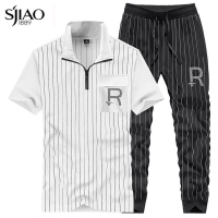 圣吉奥夏季运动服套装男潮牌翻领短袖t恤冰丝长裤休闲跑步两件套