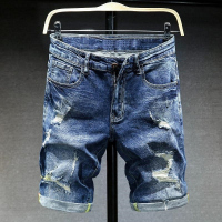 圣吉奥牛仔短裤男夏季薄款宽松直筒破洞马裤休闲潮牌男士五分中裤