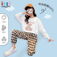 安娜与艾伦女童春季套装两件套时尚洋气女孩卫衣儿童休闲格子裤子