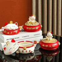 阿素烟灰缸创意招财猫摆件家用办公室网红床头带盖子多功能防飞灰装饰摆件