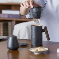 陶瓷木柄马克杯带盖过滤茶水分离泡茶杯办公室大容量喝水杯子礼品茶具