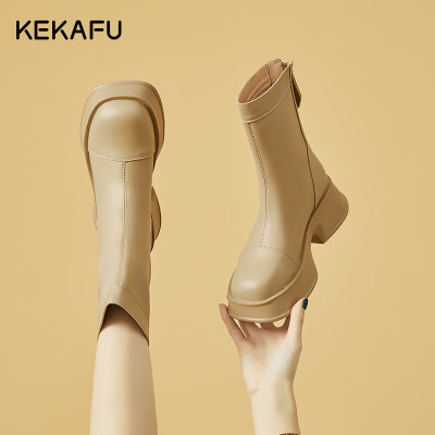 珂卡芙(KEKAFU)短靴女2023秋冬季新款厚底弹力靴切尔西靴瘦瘦靴女中筒靴子 棕色 35