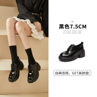 珂卡芙(KEKAFU)单鞋女2023春秋新款真皮英伦小皮鞋粗跟高跟鞋乐福鞋子夏季 黑色 35