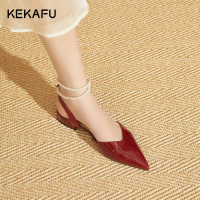 珂卡芙包头凉鞋女粗跟低跟尖头2023夏季新款法式珍珠婚鞋红色女鞋