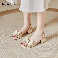 珂卡芙凉鞋女2023夏季新款法式粗跟一字带蝴蝶结百搭时尚露趾凉鞋