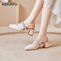 珂卡芙凉鞋女夏季新款粗跟高跟鞋2023新款水钻一字带方头气质单鞋